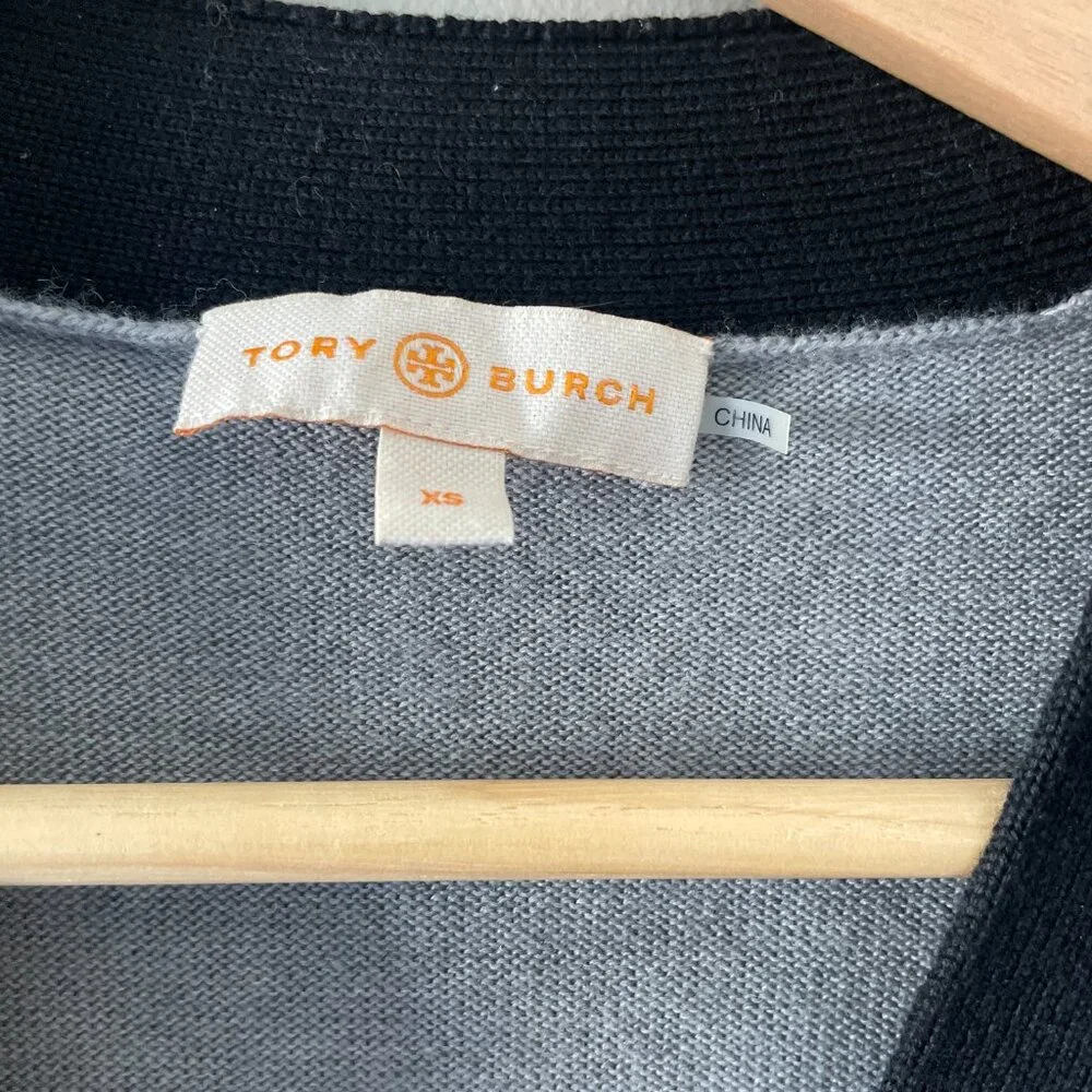 GUC Tory Burch Simone Wool Cardigan Gray Black Tipped Size XS